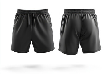 Black athletic shorts with drawstring waistband on white background