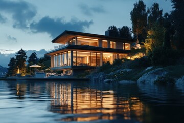 Obraz premium Modern Lakeside House at Dusk with Soft Lighting