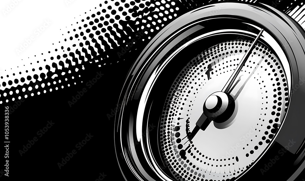 Poster a close-up of a black and white analog gauge with a needle pointing to the right, against a halftone