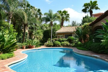 Fototapeta premium Lush Tropical Garden with Inviting Pool Area