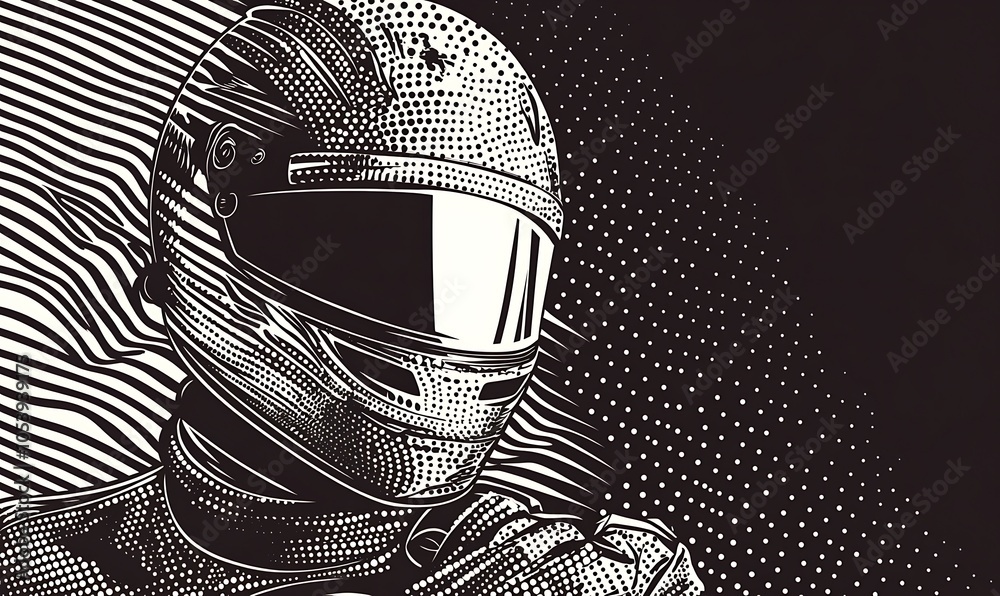 Poster a closeup of a race car driver's helmet, with a blurred background of racing stripes and a halftone 