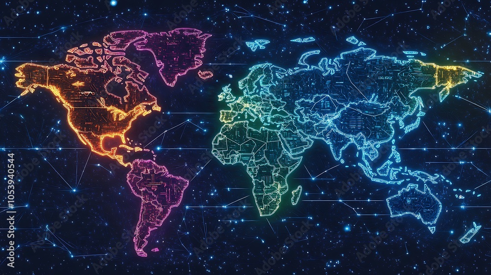 Poster A colorful, digital map of the world with glowing lines connecting continents, signifying global connection.