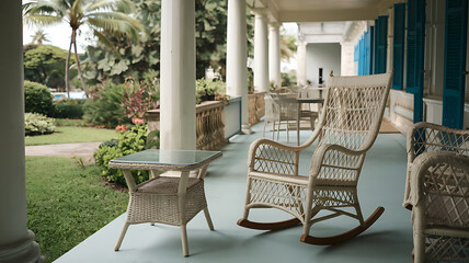 Relaxing colonial veranda with wicker furniture and tropical garden
