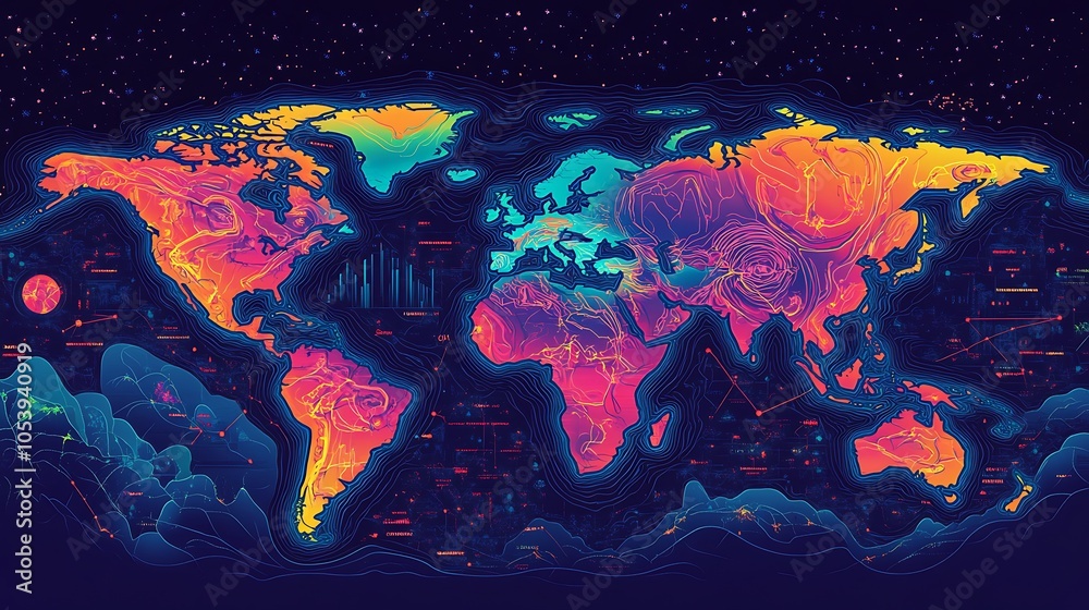Aufkleber A colorful, futuristic map of the world with data visualizations and a glowing effect.