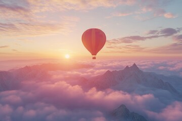 Fototapeta premium Colorful Hot Air Balloon Over Mountain Landscape at Sunrise