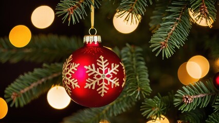 A red Christmas ornament with gold snowflake designs hangs on a green tree, surrounded by warm glowing lights and pine branches.