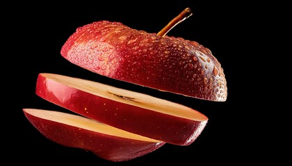 Red apple slices in motion, appearing tossed into the air with crisp, fresh pieces floating.