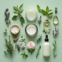 Natural beauty products, including a jar of coconut oil, rose water spray, and herbal extracts, arranged symmetrically on a soft mint green background