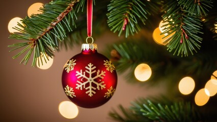 Obraz premium A red Christmas ornament with gold snowflake designs hangs on a green tree, surrounded by warm glowing lights and pine branches.