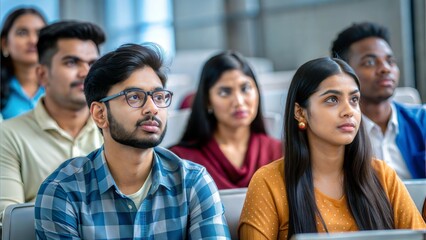 Fototapeta premium A diverse group of Indian students attentively listening to a lecture in a university classroom. 