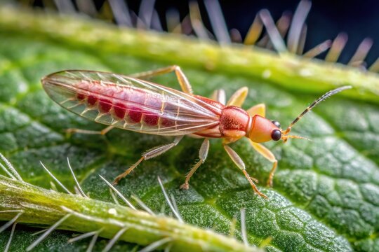Rose thrips (Thrips fuscipennis) specimen under microscope in macro, close-up view