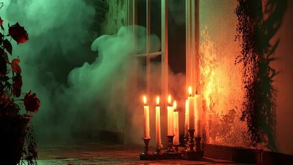 Candles illuminate a spooky scene with green smoke rising from a window on a dark evening