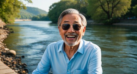 Fototapeta premium Joyful Elderly Asian Man with Gray Beard in Light Blue Shirt and Sunglasses by a River