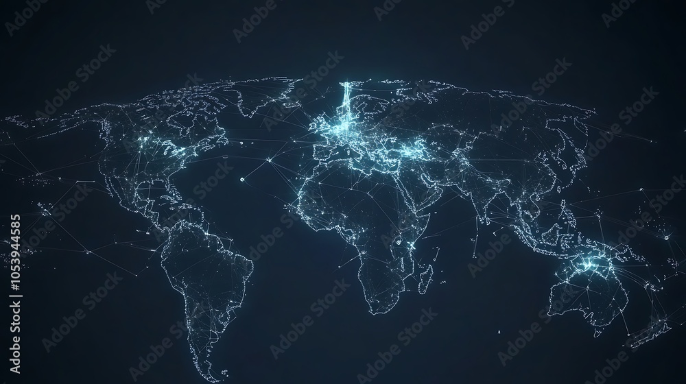 Poster A digital representation of the world with glowing lines and dots connecting continents.