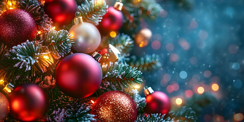 Merry Christmas and Happy New Year bright colorful composition. Xmas background with festive decorative elements. Festive banner and web poster, greeting card, flyer and brochure