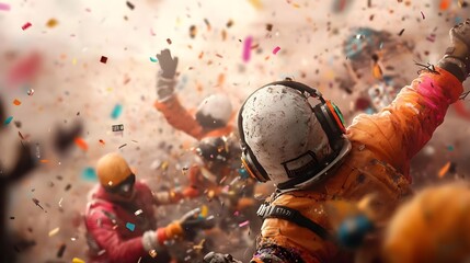 Costumed Revelers Dancing at Vibrant Halloween Party with DJ Booth Streamers and Confetti Energetic and Festive Atmosphere Captured in Neon Tinged Aesthetic