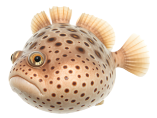 A plump, round puffer fish with a spotted pattern, large eyes, and a curious expression