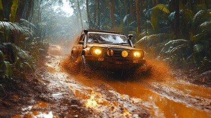 Off-road vehicle splashing through muddy terrain in a jungle setting.