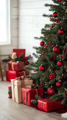 Festive pine christmas tree adorned with red balls and gift boxes for a joyous holiday celebration