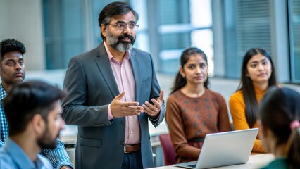 An Indian professor giving a lecture on technology to a classroom full of attentive university students.

