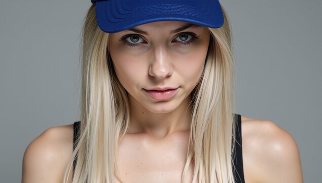 Young woman with long silver hair wearing blue cap and black bra gazes intensely into camera