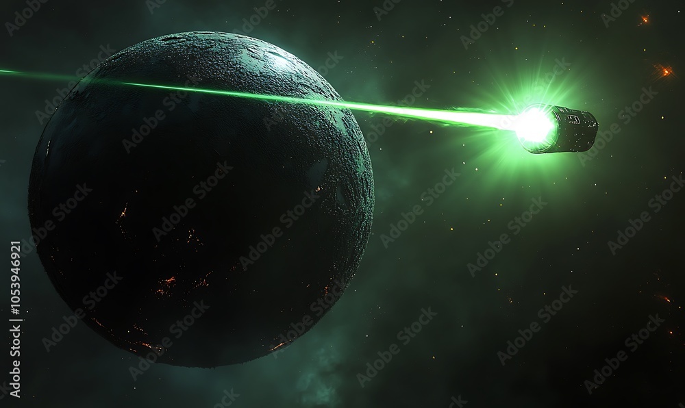 Poster a futuristic spaceship fires a green laser beam at a distant planet.