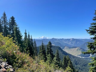 Snoqualmie forest mount rainier on the horizon looking over a mountain landscape clear sky hiking