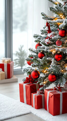 Enchanting snowdusted christmas tree adorned with glowing red ornaments and wrapped gifts