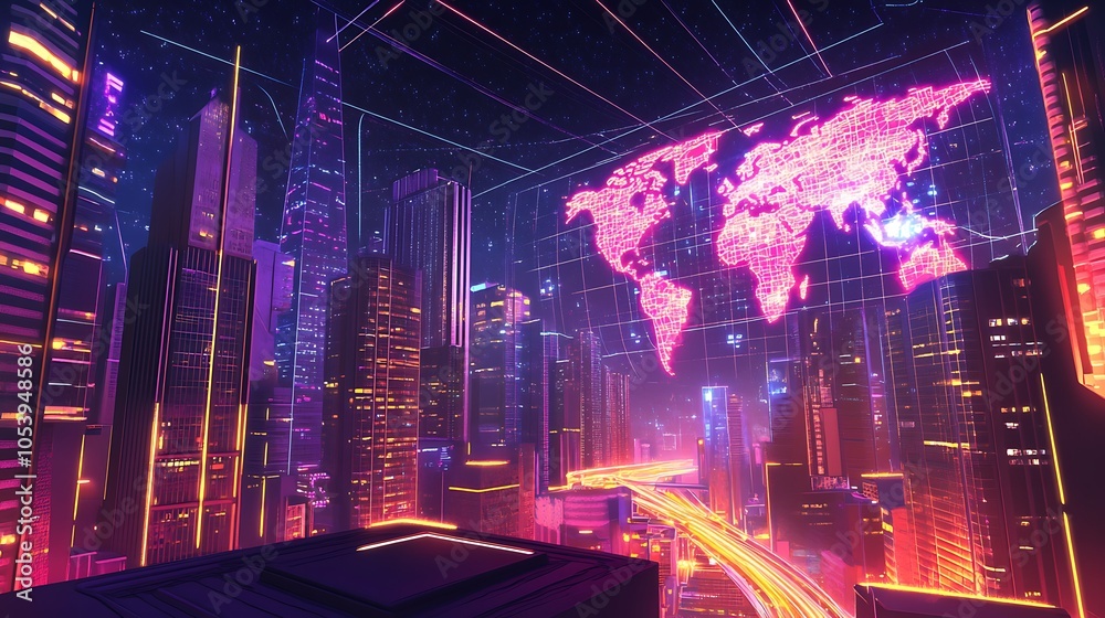 Poster a glowing world map with a futuristic city skyline in the foreground.