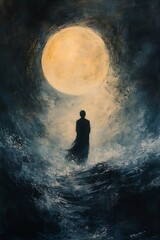 Obraz premium A solitary figure stands before a moonlit sea capturing the essence of isolation and reflection amidst natural beauty
