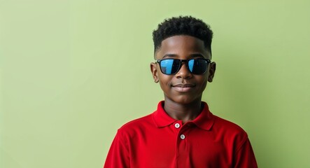 Fototapeta premium Confident African Teen Boy with Short Fade in Red Polo and Sunglasses on Light Green Background