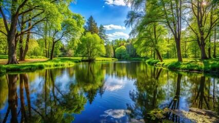Fototapeta premium A serene pond surrounded by tall trees and vibrant greenery on a warm spring day, spring landscape, blooming plants, peaceful atmosphere, serene surroundings