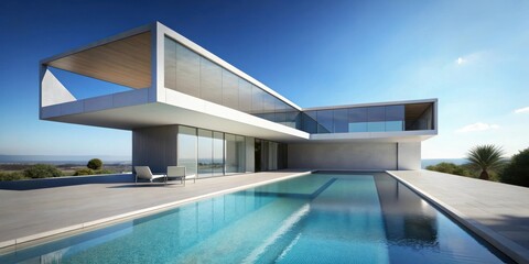 Fototapeta premium Sleek Modern Minimalist Architecture with Pool and Blue Sky for Serene Geometric Design Concept