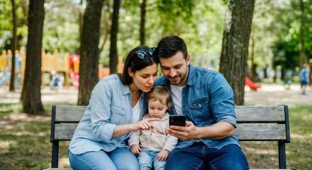 Fototapeta premium Young family enjoying time together on park bench using smartphone.