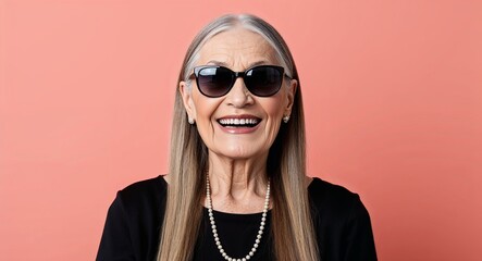 Naklejka premium Grinning Elderly Woman with Long Straight Hair in Black Top and Sunglasses on Light Coral Background
