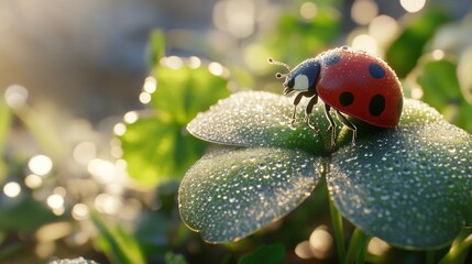 Obraz premium Ladybug rests on a dew-covered four-leaf clover, droplets sparkling in morning sunlight.
