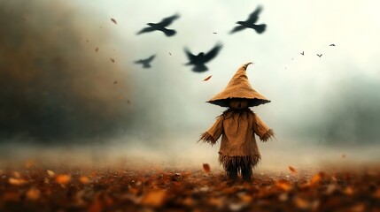 A solitary scarecrow stands tall in a misty autumnal field as a murder of crows circles overhead creating a moody atmospheric digital painting with a sense of isolation and foreboding
