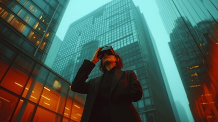 Fototapeta premium beauty business woman in VR glasses. Blurred spectacular background in motion