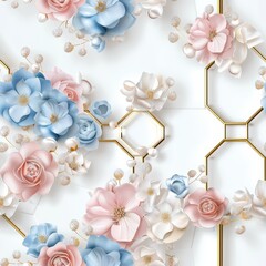 Obraz premium A seamless 3D Floral Pattern with Gold Geometric Lines on White Background