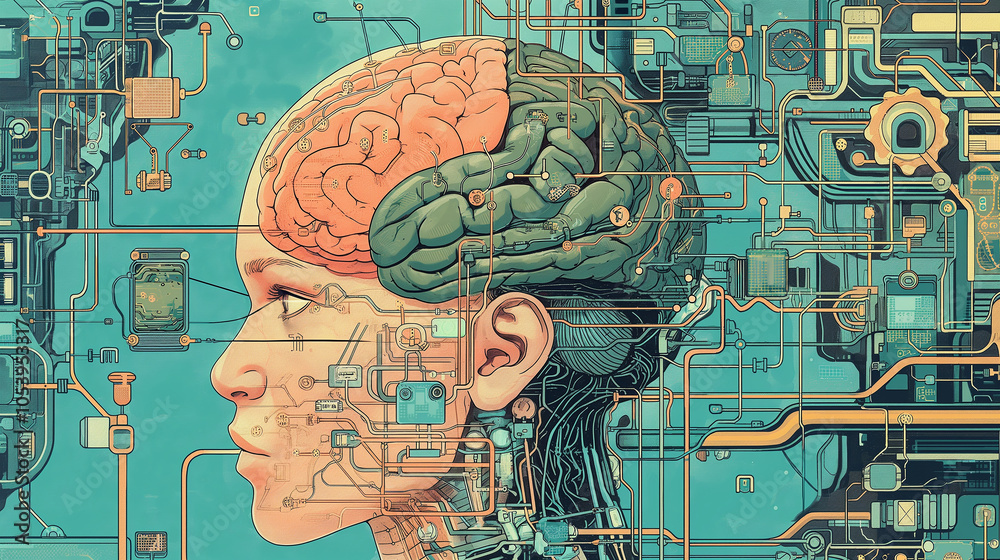 Poster human images and data communication with ai deep learning, machine learning,human brain , generative