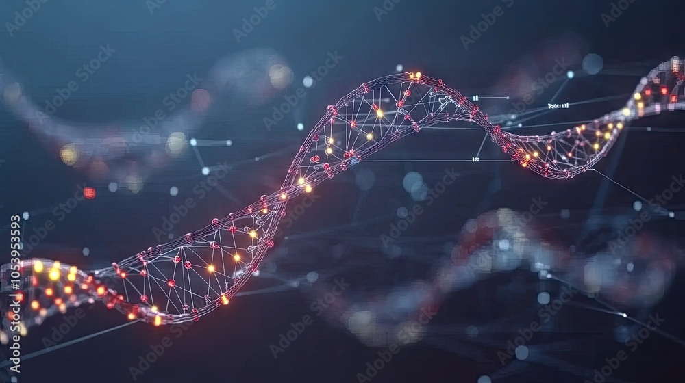 Poster 3d-rendered dna strand floating in a virtual reality environment with data overlays, surrounded by d