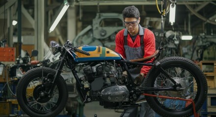 Naklejka premium Mechanic in workshop assembling custom vintage motorcycle with precision.