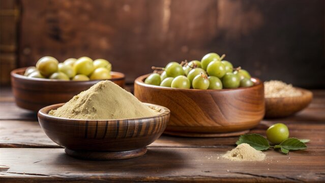 Organic Amla Powder and Fresh Amla Berries on Rustic Wooden Table &ndash; Ayurvedic Health and Wellness Concept