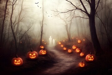 Creepy old growth forest path lined with gnarled bare trees reaching up to a moody atmospheric sky glowing jack o  lanterns guiding the way and ghostly figures drifting between the shadows