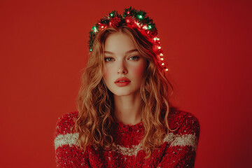 Fototapeta premium Young beautiful beauty Christmas dress on white background, Christmas beauty wallpaper