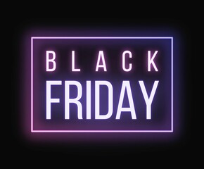 Black friday banner, pink and purple neon text with neon frame on black background, for website, social media, newsletter, email marketing,  offer, discount, sale, promotion	