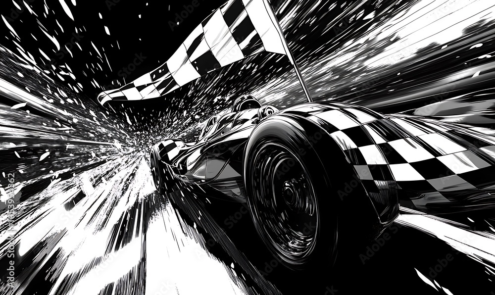 Poster a race car speeding towards the checkered flag finish line.