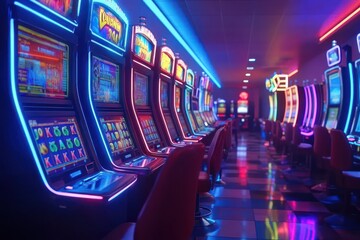 Vibrant Neon Lights in a Casino Slot Machine Area