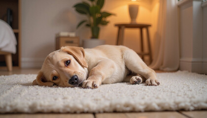 Cute golden Labrador puppy lying on a fluffy carpet in a cozy living room with warm lighting