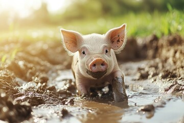 Cute Piglet Playing in Muddy Water